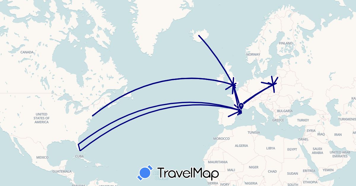 TravelMap itinerary: driving in Andorra, Germany, Spain, France, United Kingdom, Iceland, Poland, United States (Europe, North America)